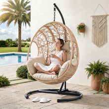 Load image into Gallery viewer, CHINNLUU Oversized Hanging Egg Chair with Stand, Outdoor Indoor Wicker Swing Chair with UV-Resistant Cushions and Rain Cover, 400lbs Capacity Patio Hammock Chair for Backyard, Balcony, Beige