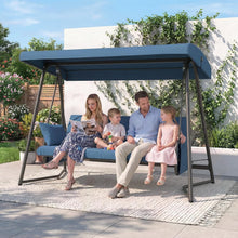 Load image into Gallery viewer, CHINNLUU Oversized 4 Person Porch Swing with Stand 800 LBS Capacity Adjustable Canopy Backrest Includes Cushions Pillows Patio 2 in 1 Swing Bed for Backyard Garden Poolside, Champagne