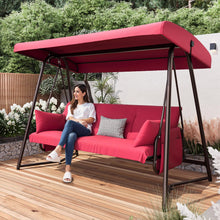 Load image into Gallery viewer, CHINNLUU Oversized 4 Person Porch Swing with Stand 800 LBS Capacity Adjustable Canopy Backrest Includes Cushions Pillows Patio 2 in 1 Swing Bed for Backyard Garden Poolside, Burgundy