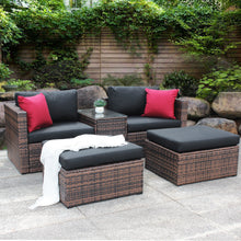 Load image into Gallery viewer, 5 Pieces Outdoor Furniture Patio Rattan Loveseat Set All Weather Sectional PE Wicker Sofa Conversation Set with Ottoman Coffee Table, Garden Lawn Pool Backyard,Brown Wicker Black Cushions