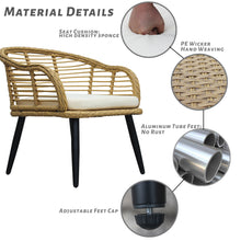 Load image into Gallery viewer, 3 Piece Patio Bistro Sets Rattan Chair Conversation Furniture Natural Yellow Wicker with Beige Cushion for Porch Balcony Garden Poolside
