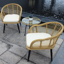 Load image into Gallery viewer, 3 Piece Patio Bistro Sets Rattan Chair Conversation Furniture Natural Yellow Wicker with Beige Cushion for Porch Balcony Garden Poolside