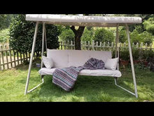 Load and play video in Gallery viewer, CHINNLUU Oversized 4 Person Porch Swing with Stand 800 LBS Capacity Adjustable Canopy Backrest Includes Cushions Pillows Patio 2 in 1 Swing Bed for Backyard Garden Poolside, Champagne
