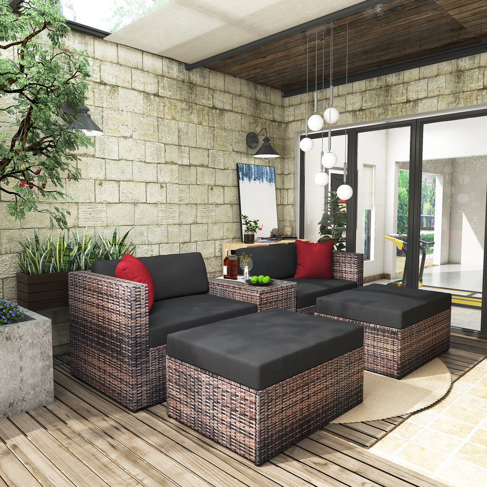 CHINNLUU 5 Pieces Outdoor Furniture Patio Rattan Loveseat Set All Weather Sectional PE Wicker Sofa Conversation Set with Ottoman Coffee Table, Garden Lawn Pool Backyard,Brown Wicker Black Cushions…