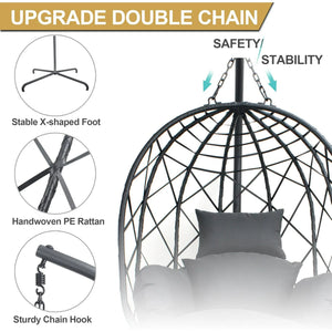 CHINNLUU Hanging Egg Chair with Stand, Outdoor Indoor Wicker Swing Chair with Cushions, 350lbs Capacity Patio Hammock Chair for Backyard, Balcony, Dark Gray