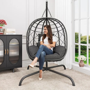 CHINNLUU Hanging Egg Chair with Stand, Outdoor Indoor Wicker Swing Chair with Cushions, 350lbs Capacity Patio Hammock Chair for Backyard, Balcony, Dark Gray