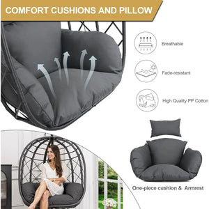 CHINNLUU Hanging Egg Chair with Stand, Outdoor Indoor Wicker Swing Chair with Cushions, 350lbs Capacity Patio Hammock Chair for Backyard, Balcony, Dark Gray