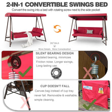 Load image into Gallery viewer, CHINNLUU Oversized 4 Person Porch Swing with Stand 800 LBS Capacity Adjustable Canopy Backrest Includes Cushions Pillows Patio 2 in 1 Swing Bed for Backyard Garden Poolside, Burgundy
