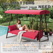 Load image into Gallery viewer, CHINNLUU Oversized 4 Person Porch Swing with Stand 800 LBS Capacity Adjustable Canopy Backrest Includes Cushions Pillows Patio 2 in 1 Swing Bed for Backyard Garden Poolside, Burgundy
