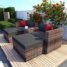 Load image into Gallery viewer, 5 Pieces Outdoor Furniture Patio Rattan Loveseat Set All Weather Sectional PE Wicker Sofa Conversation Set with Ottoman Coffee Table, Garden Lawn Pool Backyard,Brown Wicker Black Cushions
