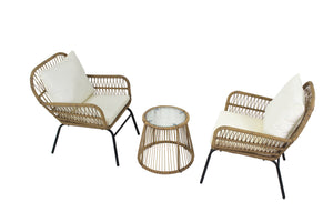 3PCS Outdoor Patio Balcony Natural Color Wicker Chair Set with Beige Cushion and Round Tempered Glass Table