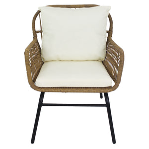 3PCS Outdoor Patio Balcony Natural Color Wicker Chair Set with Beige Cushion and Round Tempered Glass Table