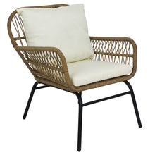 Load image into Gallery viewer, 3PCS Outdoor Patio Balcony Natural Color Wicker Chair Set with Beige Cushion and Round Tempered Glass Table
