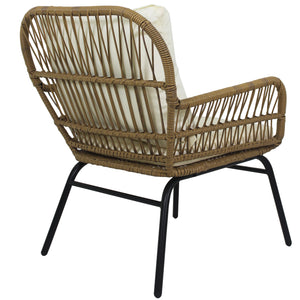 3PCS Outdoor Patio Balcony Natural Color Wicker Chair Set with Beige Cushion and Round Tempered Glass Table
