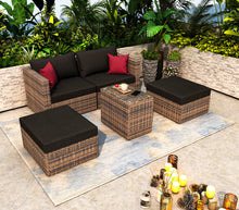 Load image into Gallery viewer, 5 Pieces Outdoor Furniture Patio Rattan Loveseat Set All Weather Sectional PE Wicker Sofa Conversation Set with Ottoman Coffee Table, Garden Lawn Pool Backyard,Brown Wicker Black Cushions
