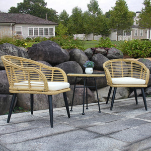 3 Piece Patio Bistro Sets Rattan Chair Conversation Furniture Natural Yellow Wicker with Beige Cushion for Porch Balcony Garden Poolside