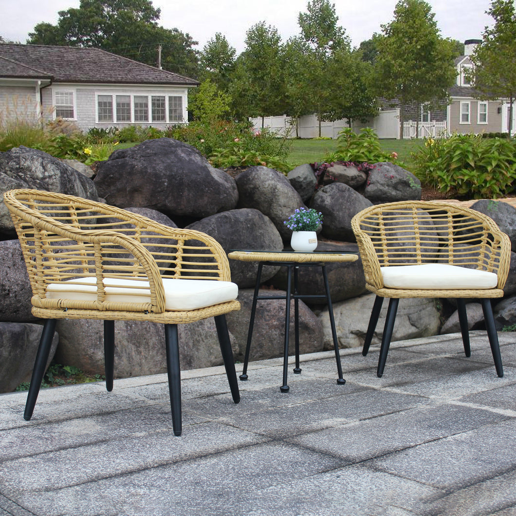3 Piece Patio Bistro Sets Rattan Chair Conversation Furniture Natural Yellow Wicker with Beige Cushion for Porch Balcony Garden Poolside