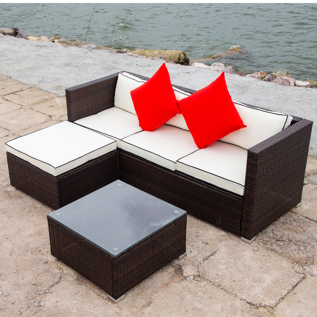 3 Piece Patio Sectional Wicker Rattan Outdoor Furniture Sofa Set (cream+Biue)