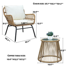 Load image into Gallery viewer, 3PCS Outdoor Patio Balcony Natural Color Wicker Chair Set with Beige Cushion and Round Tempered Glass Table
