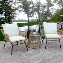 Load image into Gallery viewer, 3PCS Outdoor Patio Balcony Natural Color Wicker Chair Set with Beige Cushion and Round Tempered Glass Table
