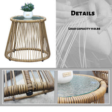Load image into Gallery viewer, 3PCS Outdoor Patio Balcony Natural Color Wicker Chair Set with Beige Cushion and Round Tempered Glass Table
