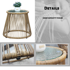 3PCS Outdoor Patio Balcony Natural Color Wicker Chair Set with Beige Cushion and Round Tempered Glass Table