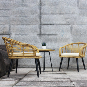 3 Piece Patio Bistro Sets Rattan Chair Conversation Furniture Natural Yellow Wicker with Beige Cushion for Porch Balcony Garden Poolside