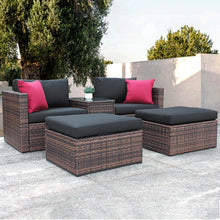Load image into Gallery viewer, 5 Pieces Outdoor Furniture Patio Rattan Loveseat Set All Weather Sectional PE Wicker Sofa Conversation Set with Ottoman Coffee Table, Garden Lawn Pool Backyard,Brown Wicker Black Cushions
