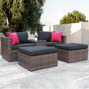 5 Pieces Outdoor Furniture Patio Rattan Loveseat Set All Weather Sectional PE Wicker Sofa Conversation Set with Ottoman Coffee Table, Garden Lawn Pool Backyard,Brown Wicker Black Cushions