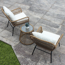 Load image into Gallery viewer, 3PCS Outdoor Patio Balcony Natural Color Wicker Chair Set with Beige Cushion and Round Tempered Glass Table
