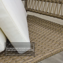 Load image into Gallery viewer, 3PCS Outdoor Patio Balcony Natural Color Wicker Chair Set with Beige Cushion and Round Tempered Glass Table
