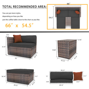 5 Pieces Outdoor Furniture Patio Rattan Loveseat Set All Weather Sectional PE Wicker Sofa Conversation Set with Ottoman Coffee Table, Garden Lawn Pool Backyard,Brown Wicker Black Cushions